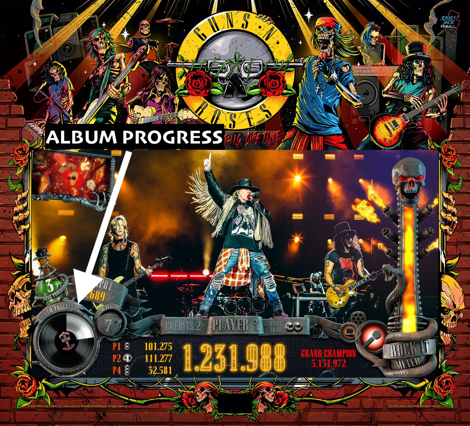 Guns N' Roses album progress graphic with band members and rock imagery