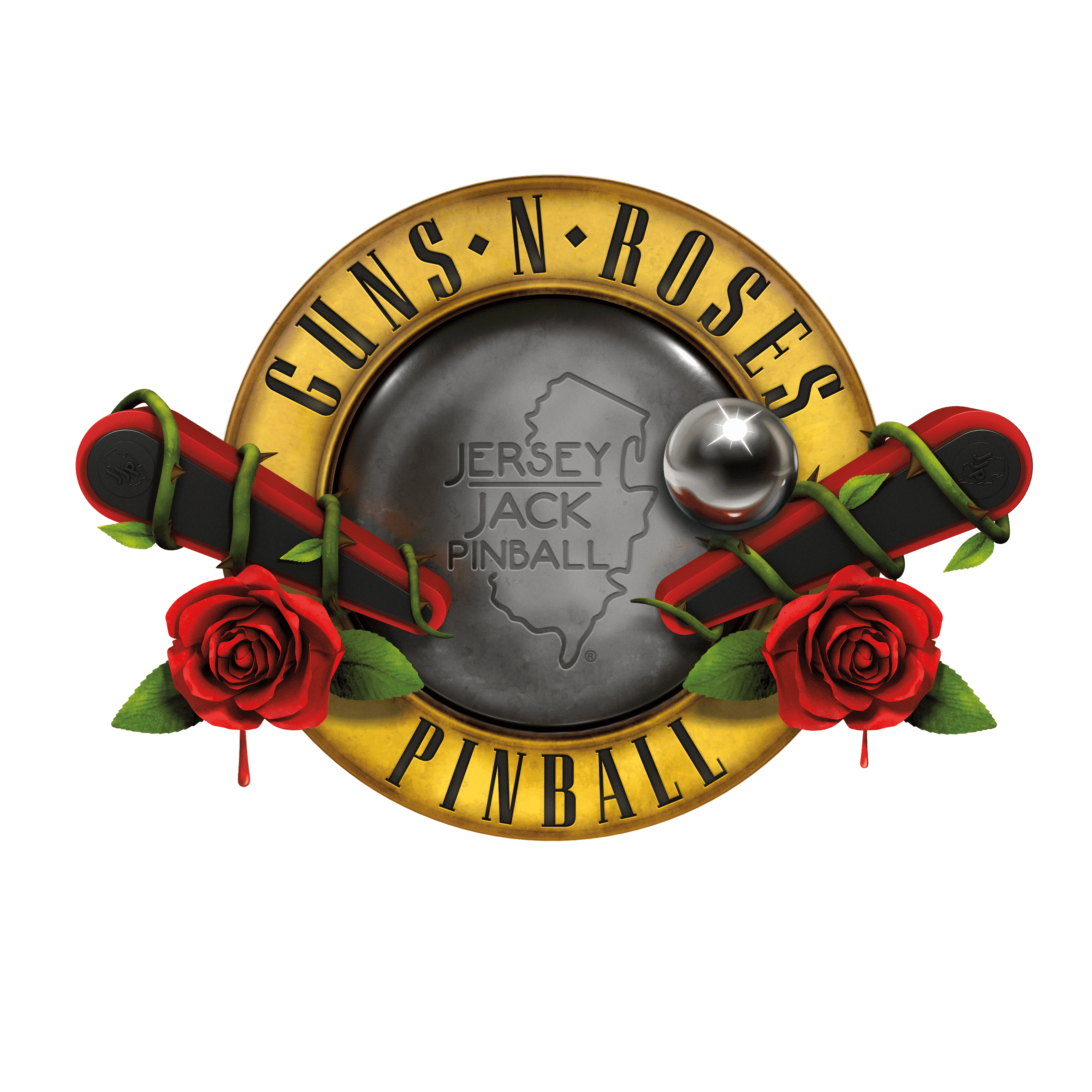 Guns N' Roses pinball logo with red roses and New Jersey silhouette