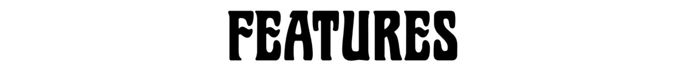 Black bold "FEATURES" text in retro-style typography on white background