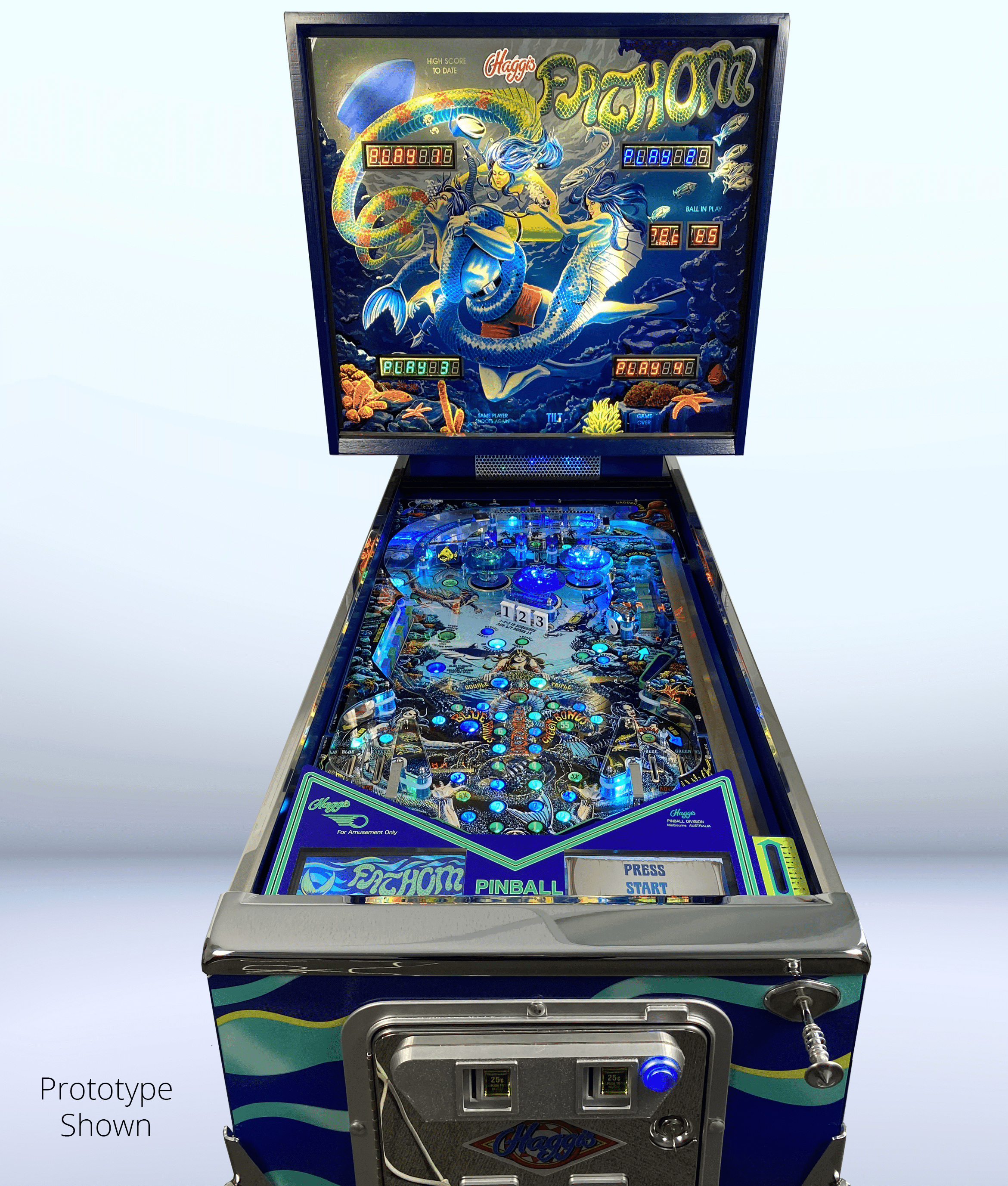 Colorful vintage pinball machine with underwater mythical dragon theme