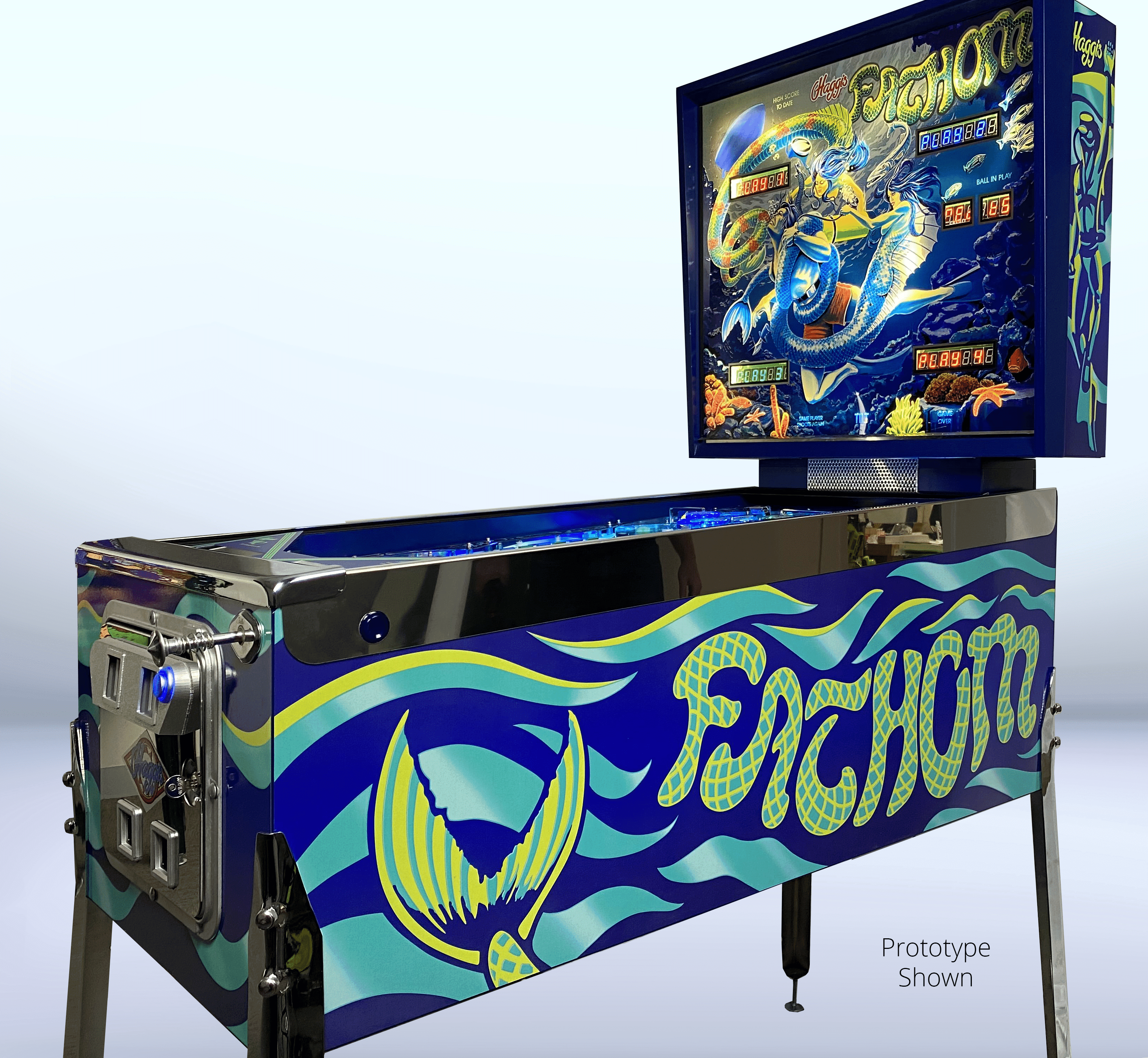 Ocean-themed pinball machine with blue dragon and digital scoreboard
