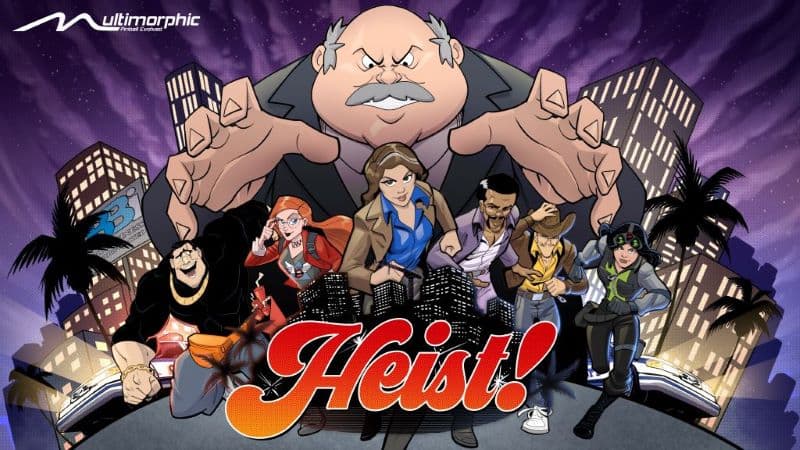 Diverse team of characters posing dramatically for a heist movie poster