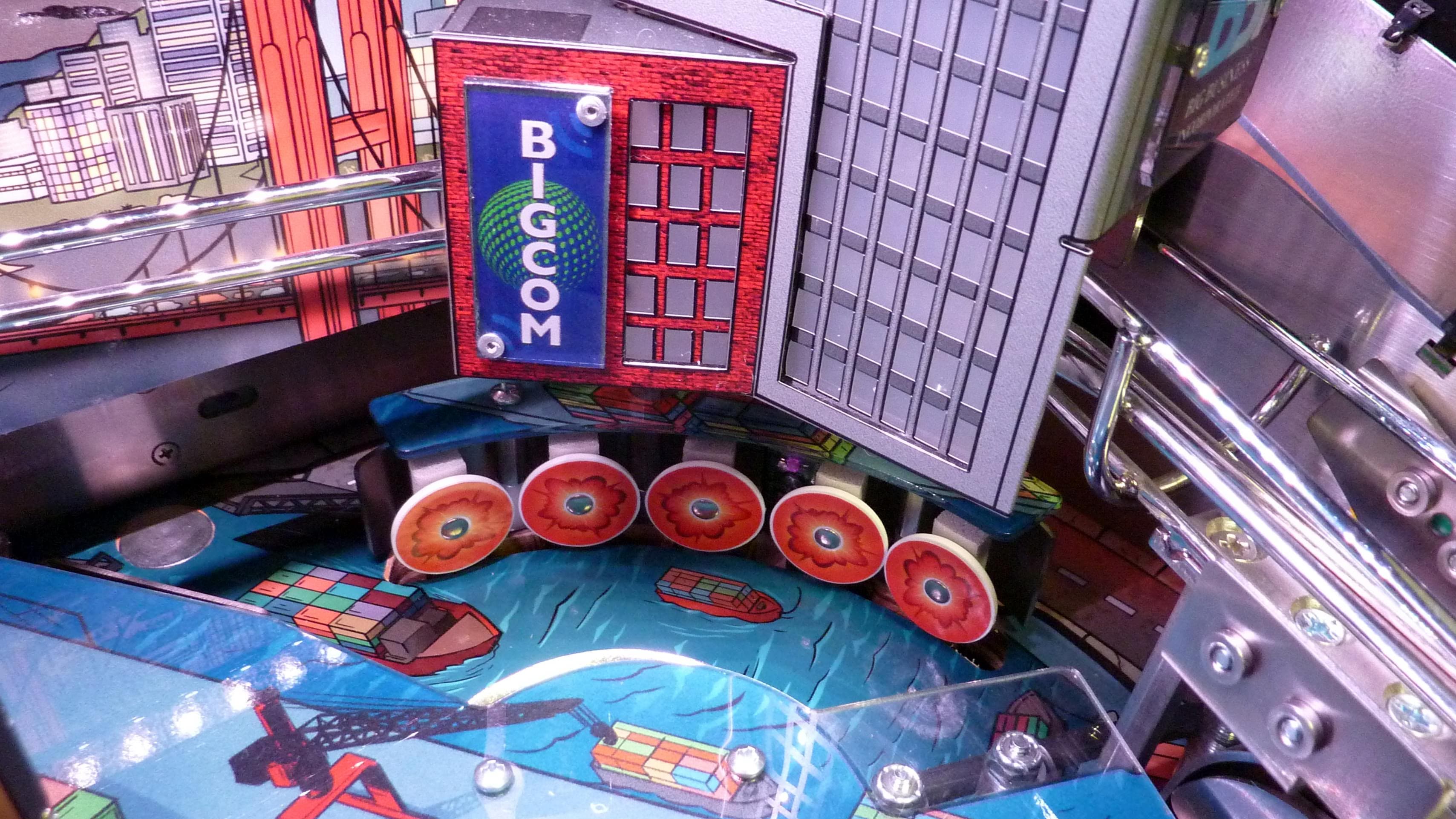 Bigcom pinball machine with city skyline and red poppy targets