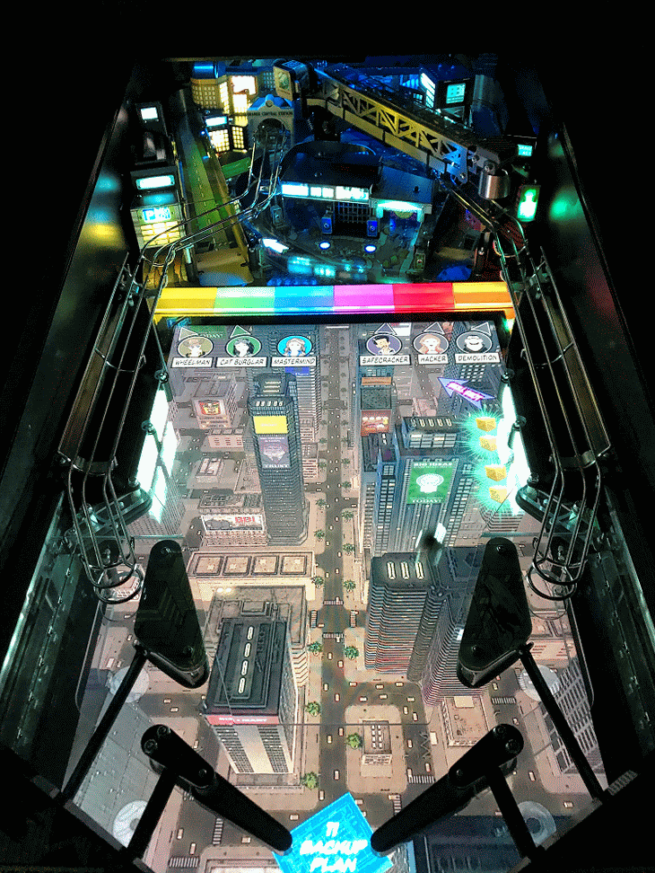 Futuristic pinball machine with cyberpunk cityscape and colorful illuminated design