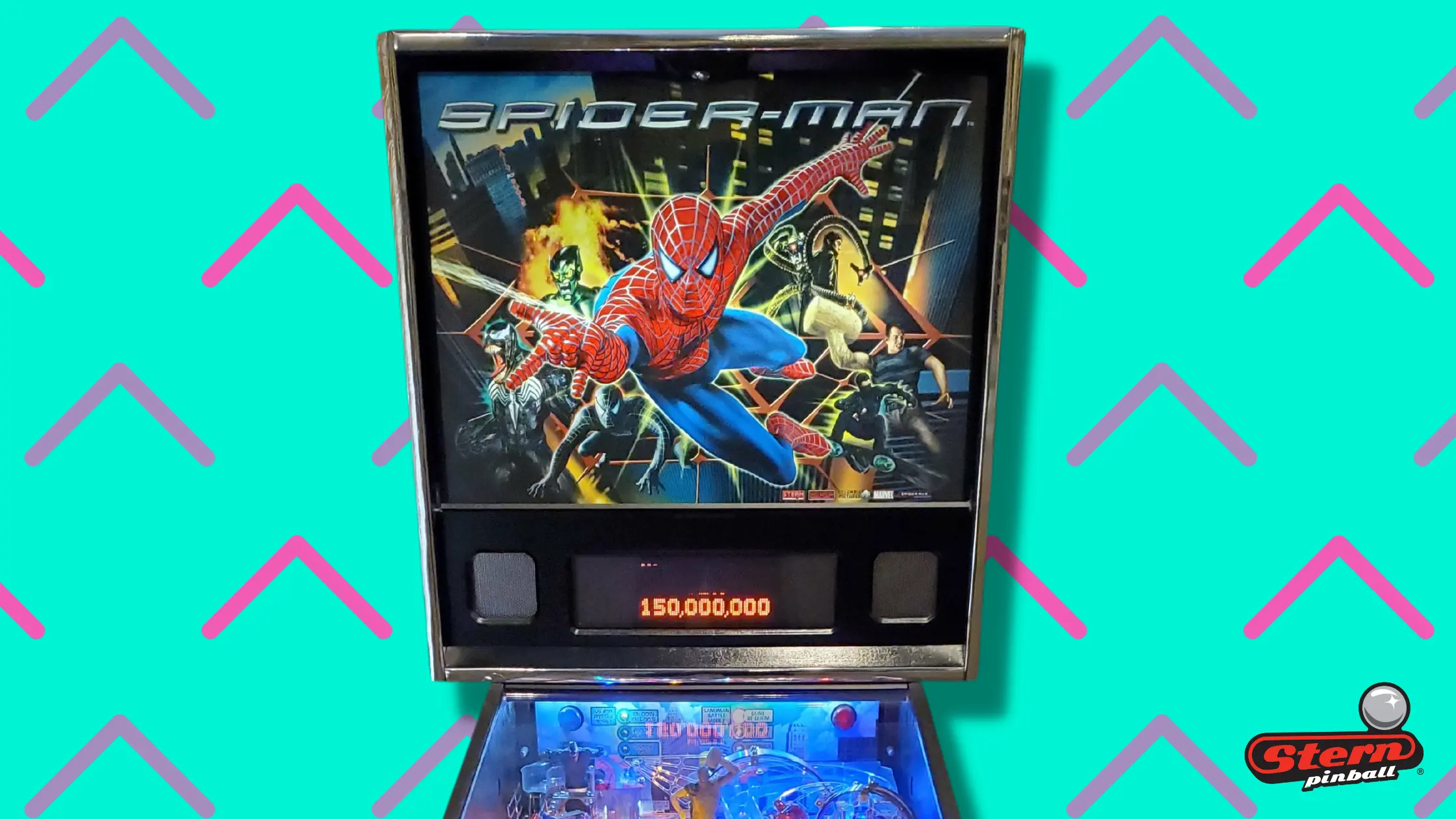 Spider-Man pinball machine with superhero and villains on colorful background
