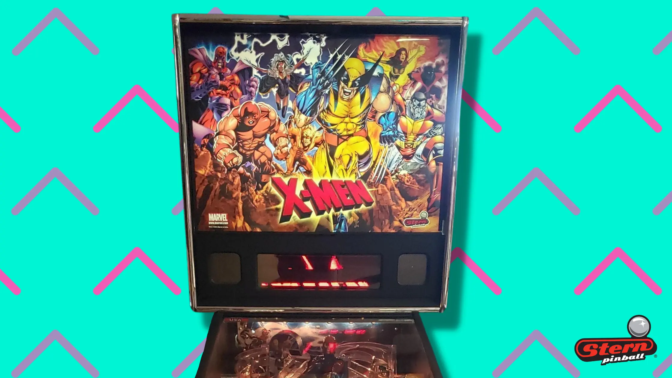 X-Men pinball machine with superhero characters on colorful background