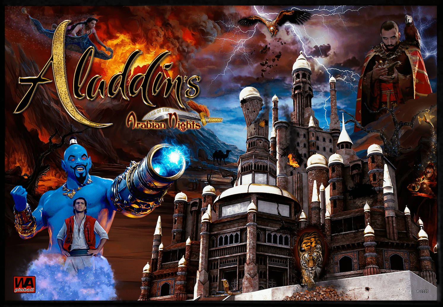 Magical Arabian Nights scene with blue genie, castle, and mystical elements