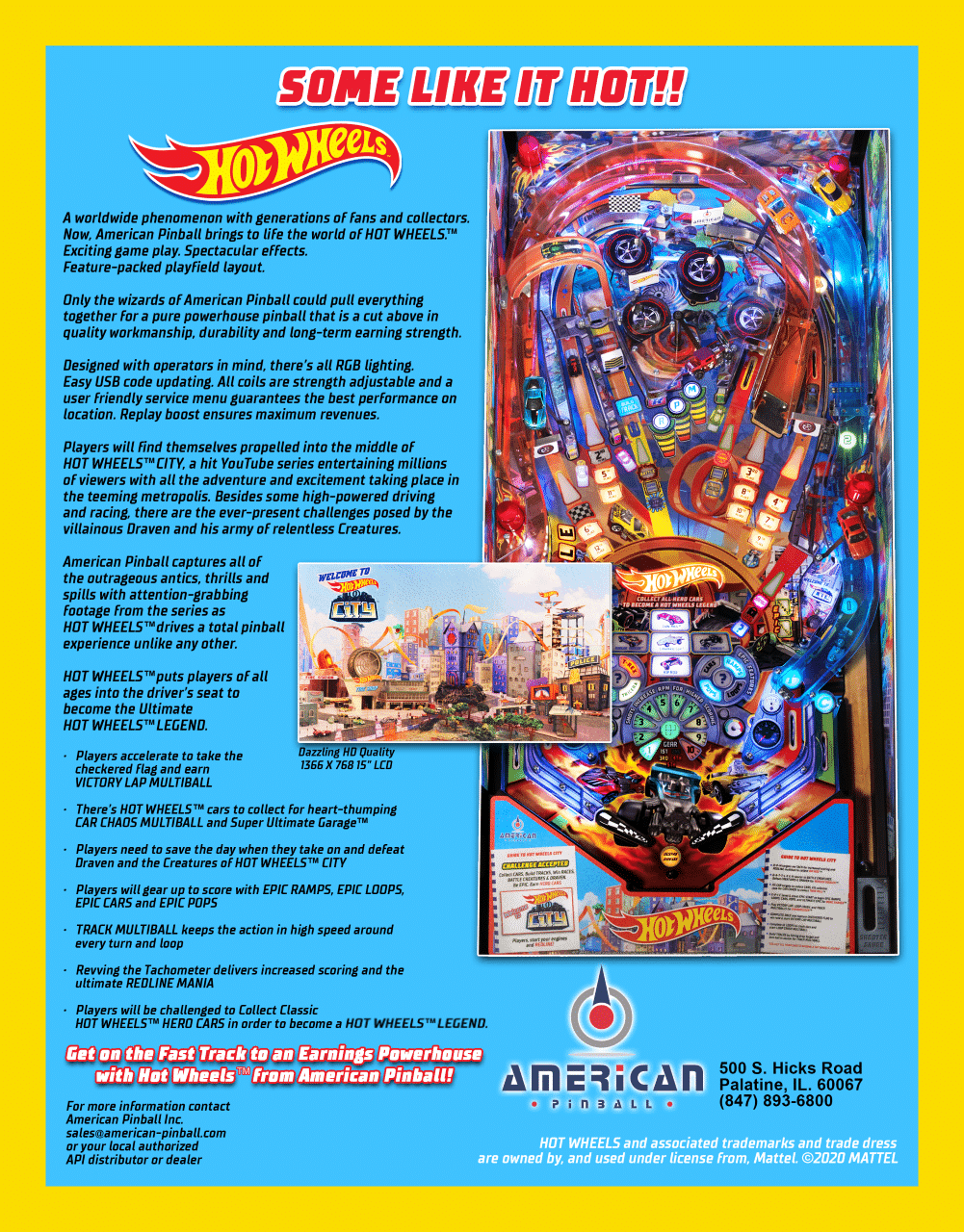 Hot Wheels pinball machine with colorful playfield and racing-themed design