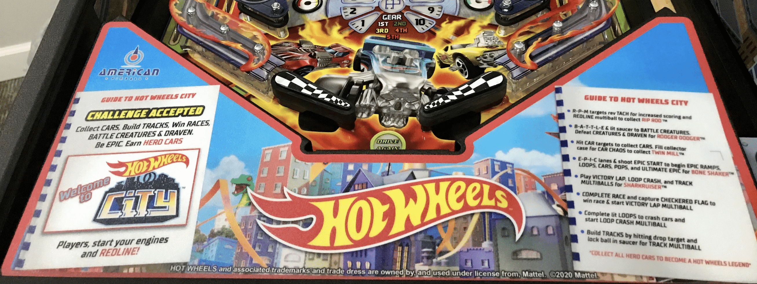 Hot Wheels City pinball machine playfield with racing and game instructions