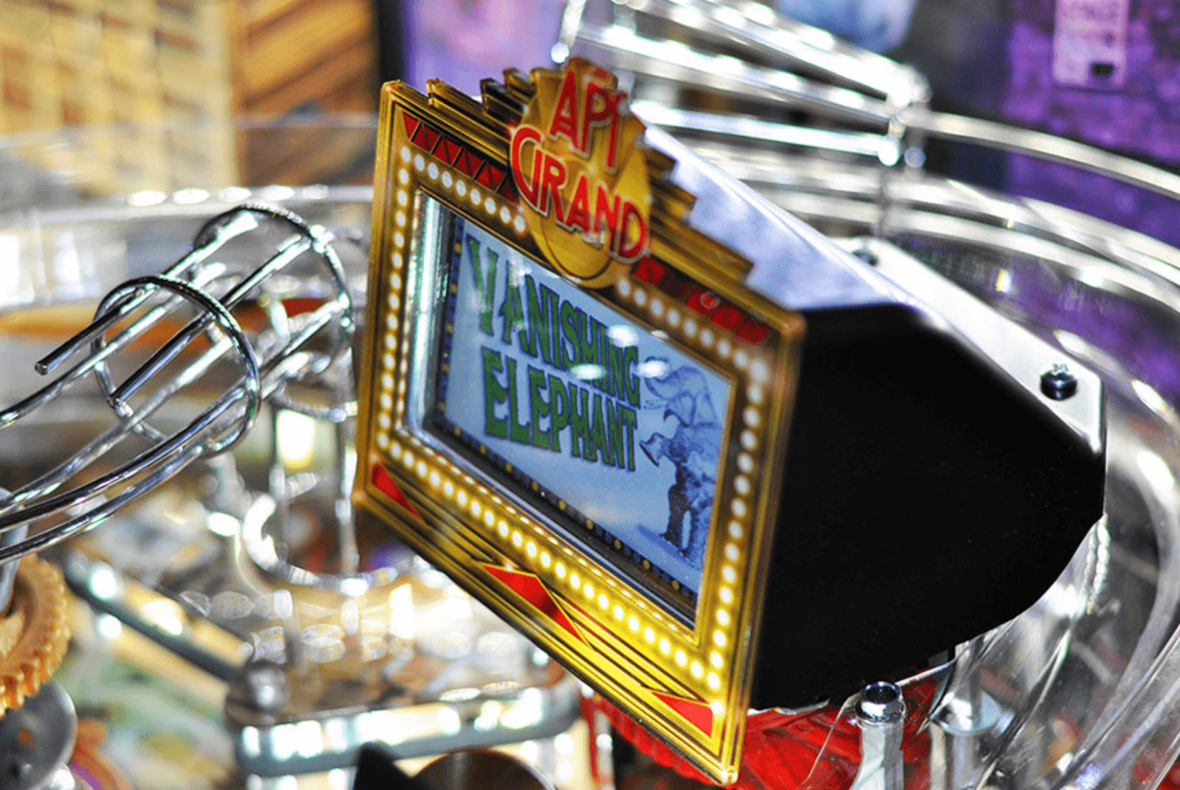 Illuminated API Grand marquee displaying "Vanishing Elephant" sign