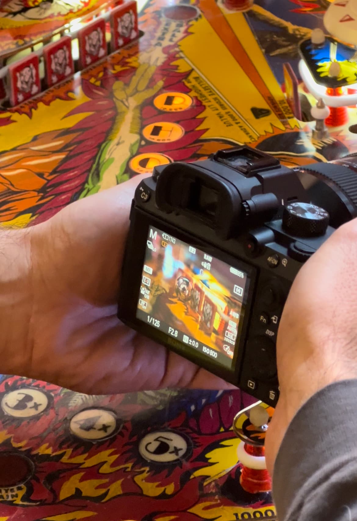 Digital camera displaying colorful pinball machine game on LCD screen