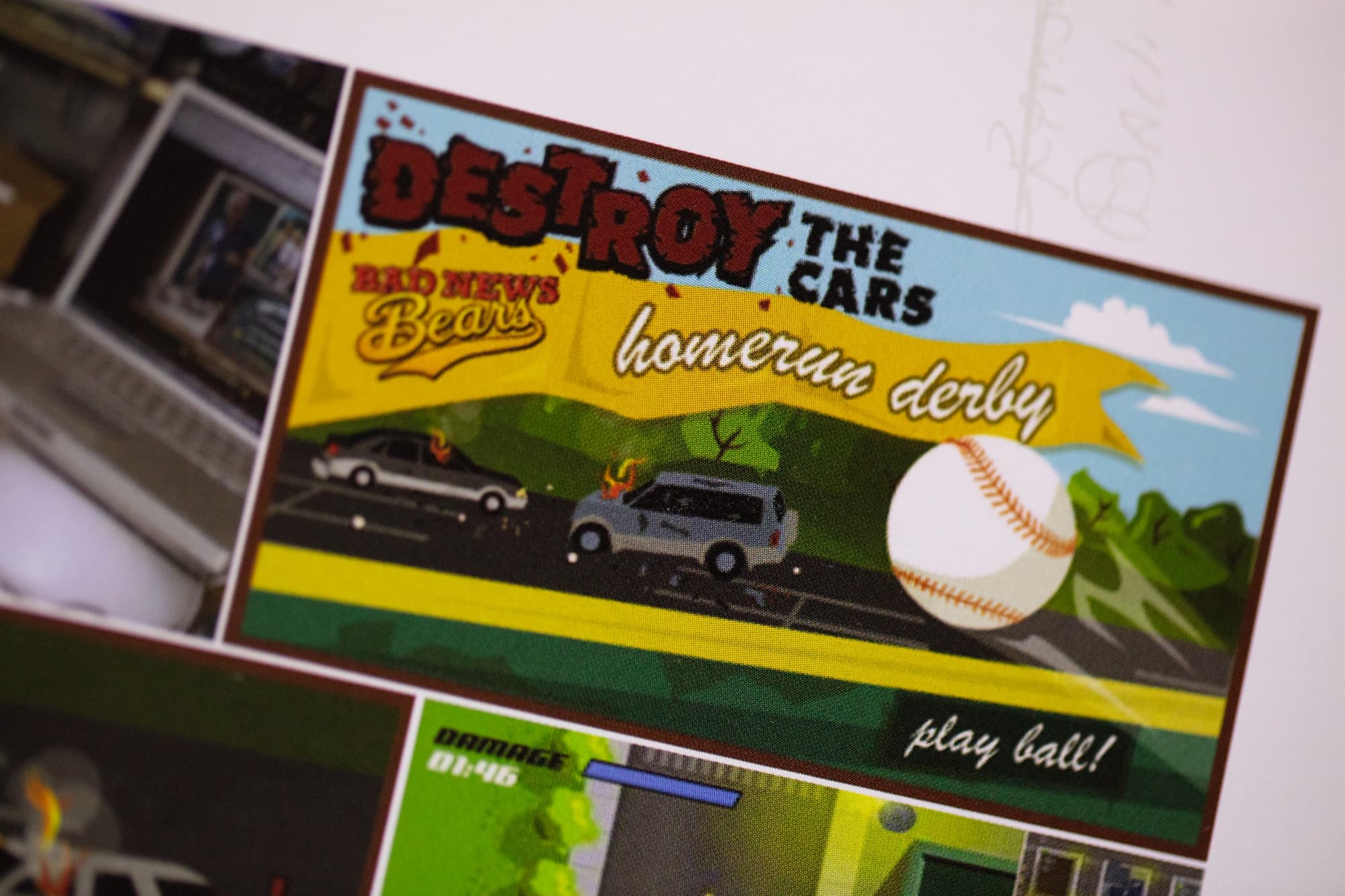 Bad News Bears baseball game poster with cars and homerun derby