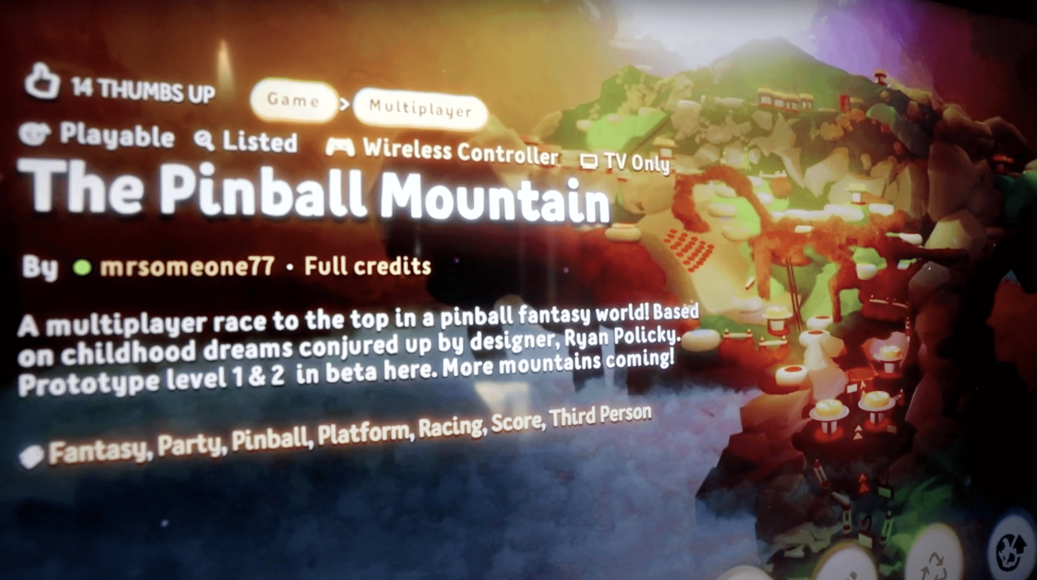 Pinball Mountain game screen with colorful fantasy mountainous landscape