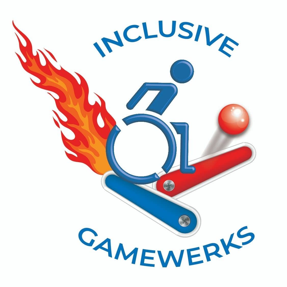 Inclusive Gamewerks logo with wheelchair symbol and flaming sports equipment