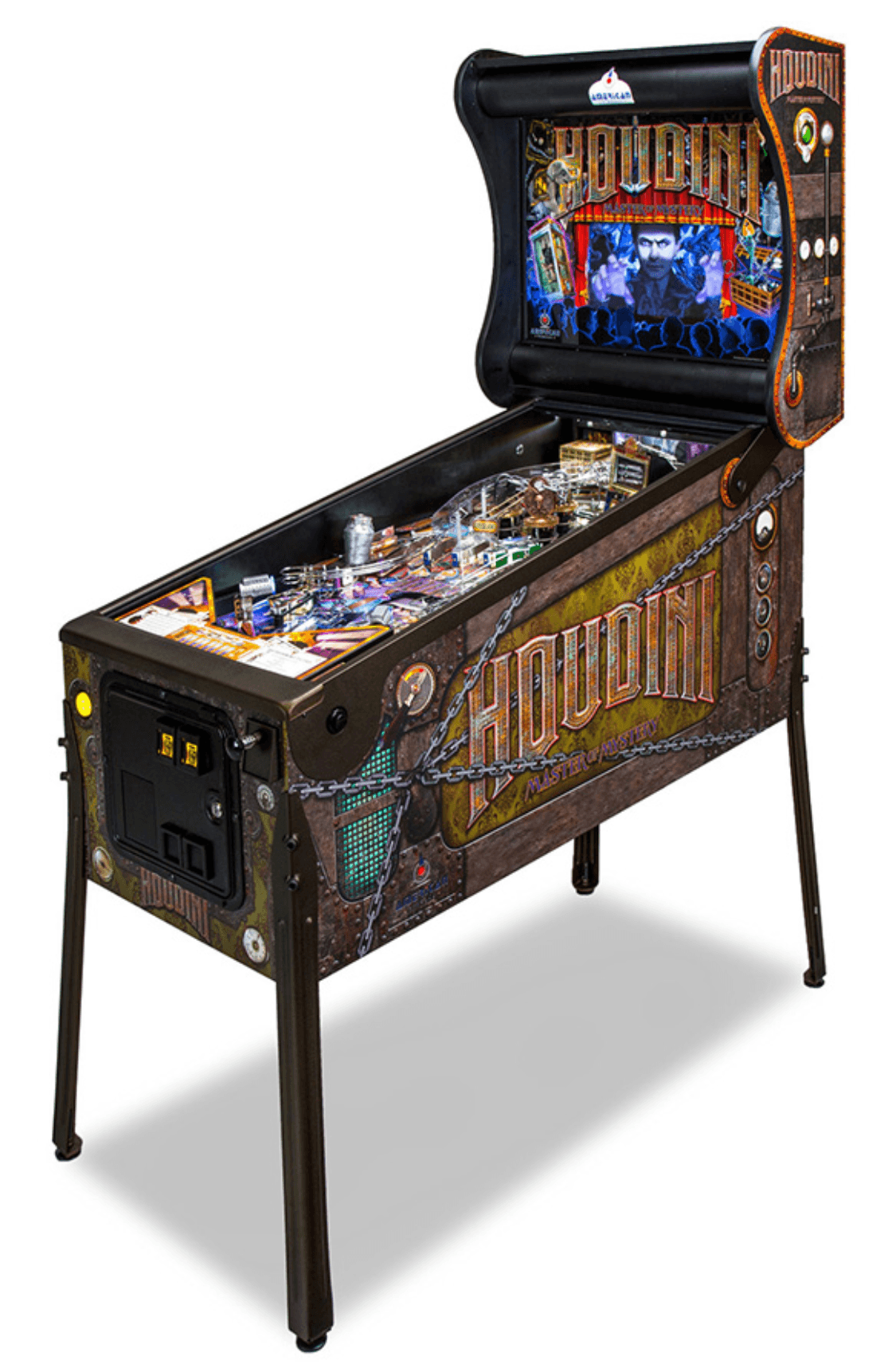 Houdini-themed pinball machine with elaborate artwork and digital display