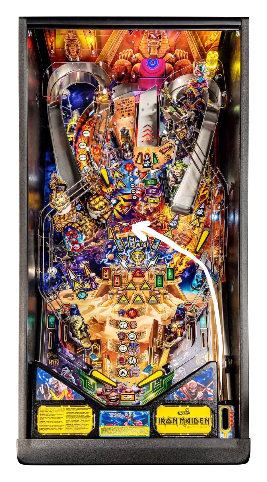 Iron Maiden pinball machine with colorful artwork and complex game board