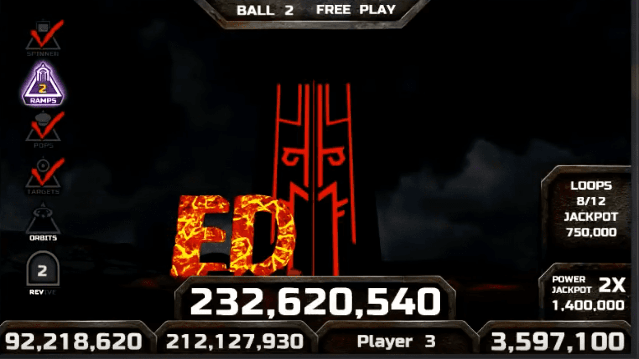 Pinball game screen showing score of 232,620,540 with jackpot details