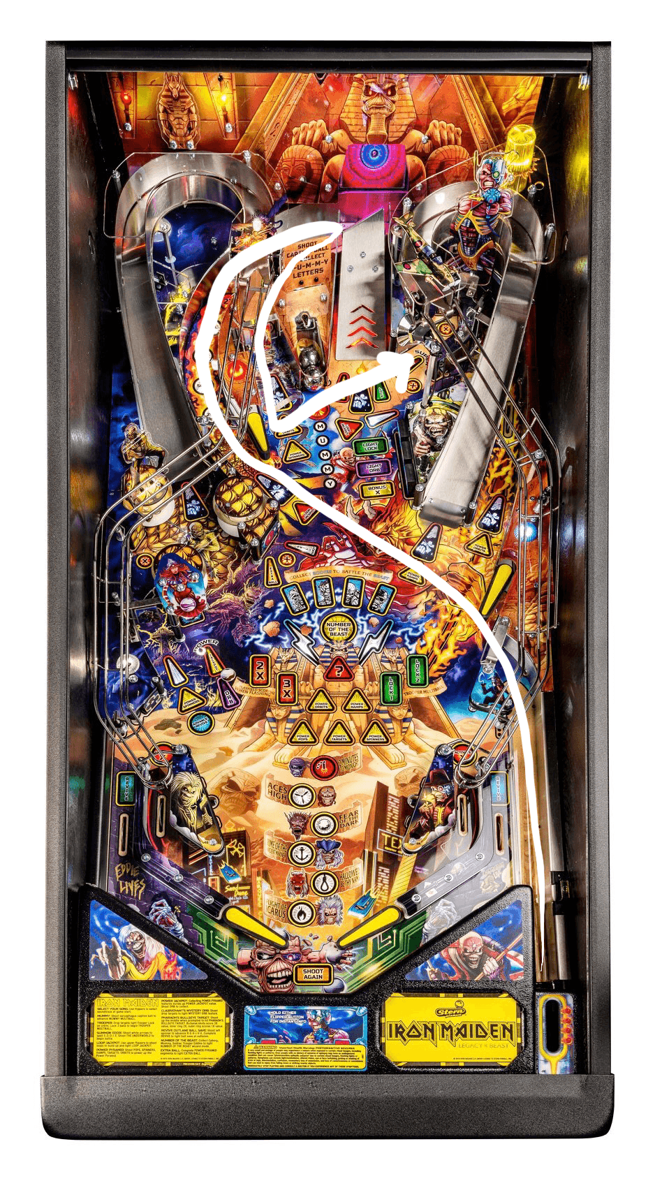Colorful Iron Maiden-themed pinball machine with intricate playfield design