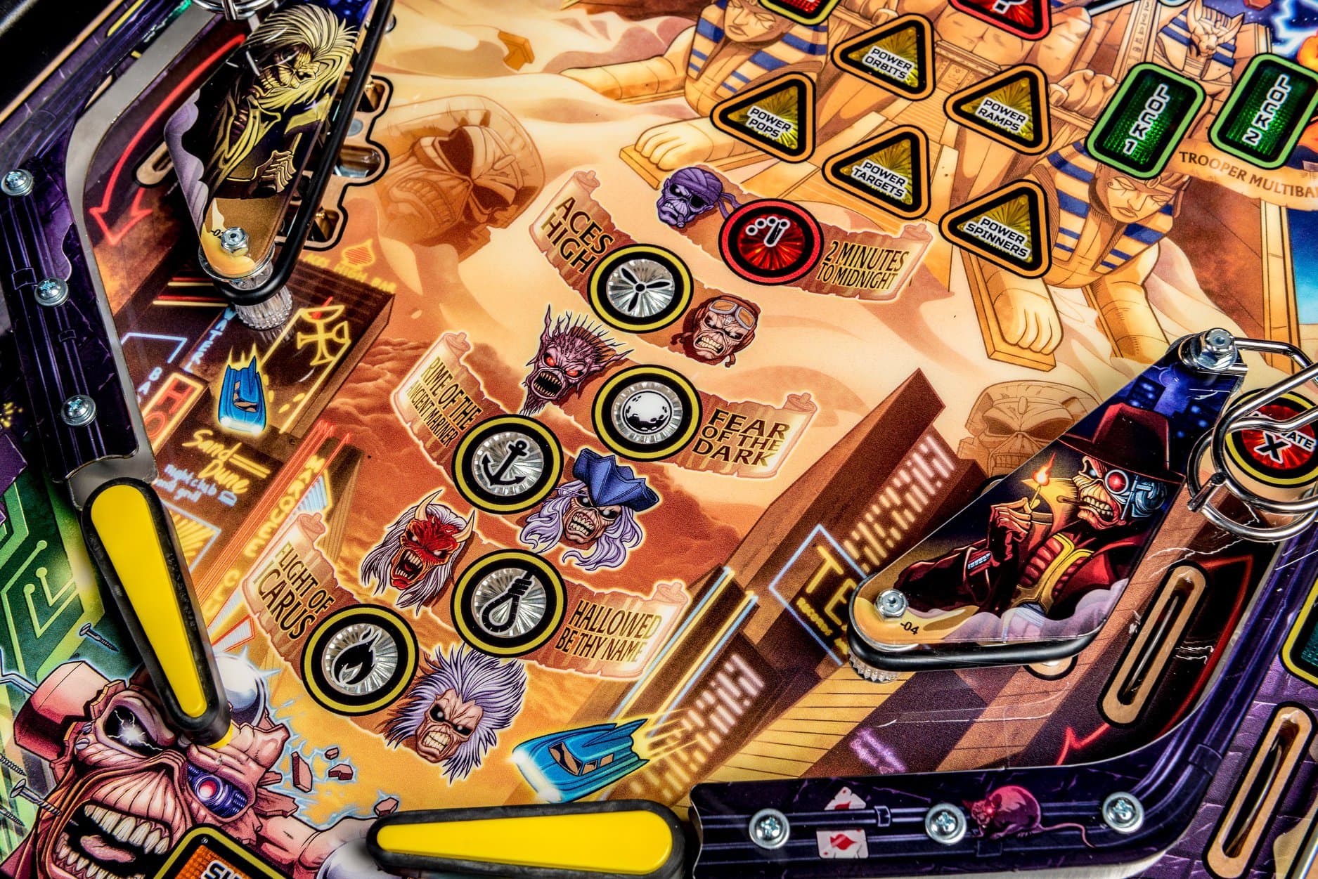 Colorful pinball machine with Halloween and horror-themed characters and designs