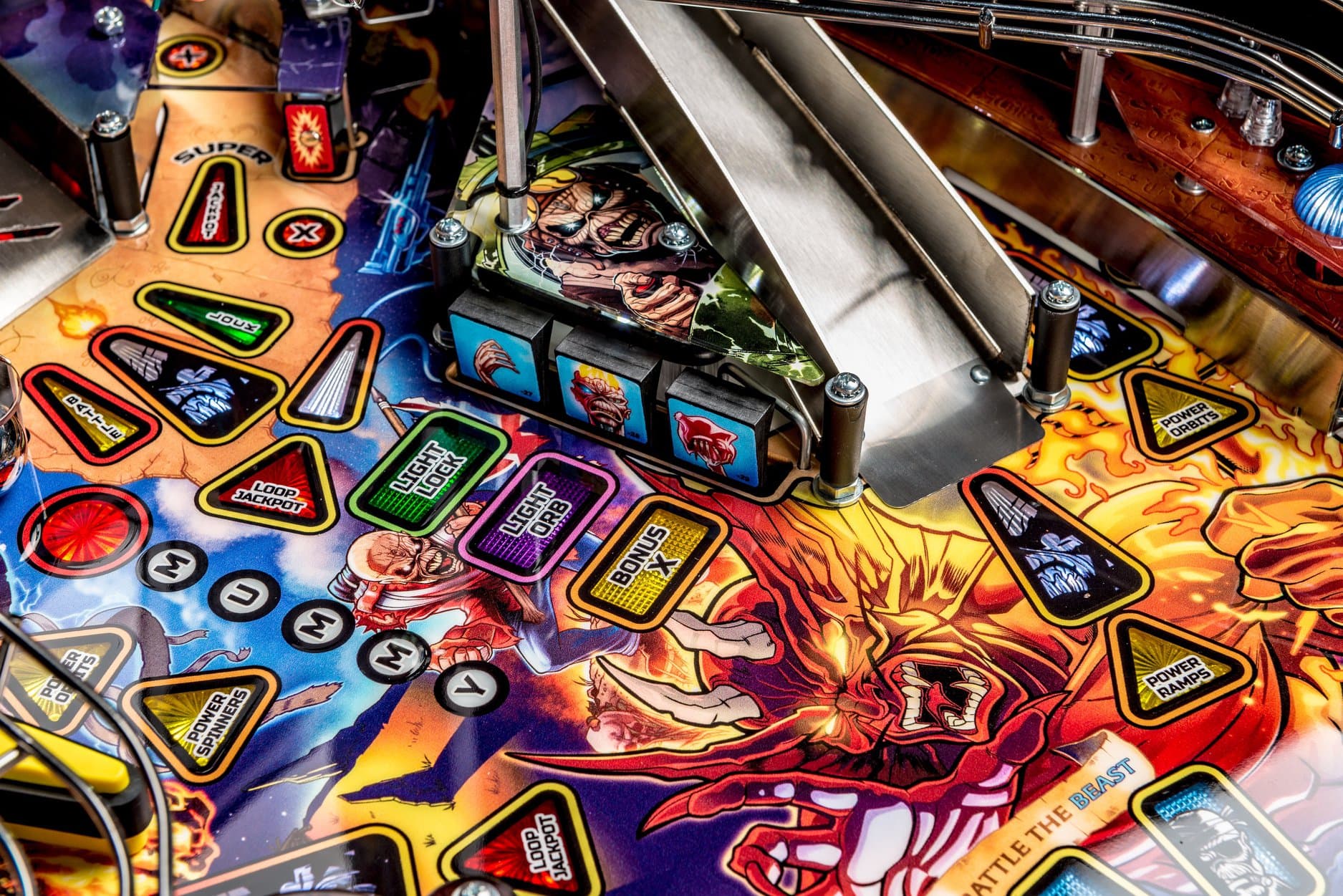 Colorful pinball machine playfield with vibrant cartoon characters and game zones