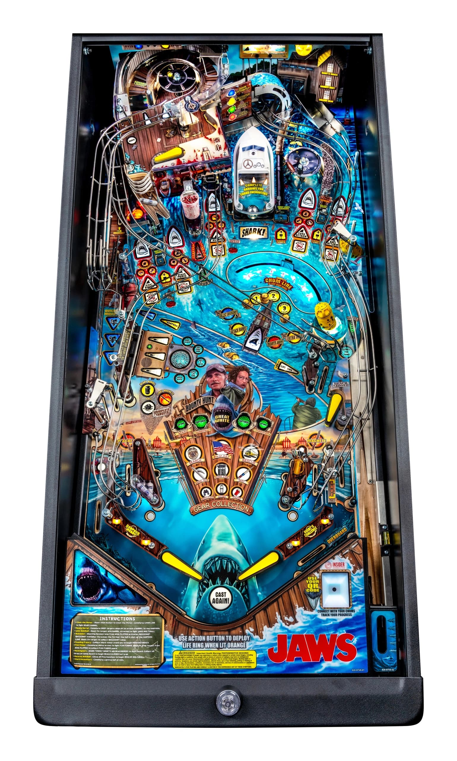 Jaws-themed pinball machine with detailed shark and marine elements