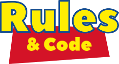 Colorful "Rules & Code" logo with yellow and red text