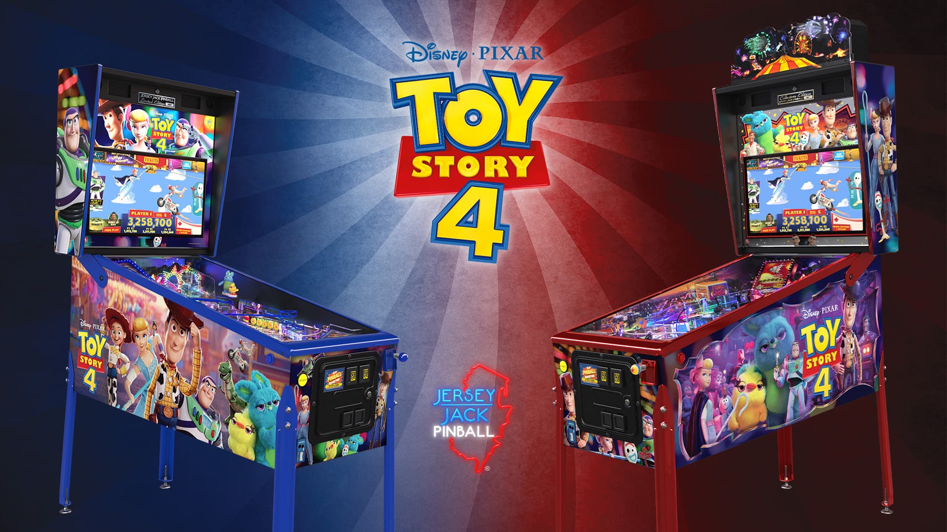 Toy Story 4 pinball machine with colorful characters and game screens