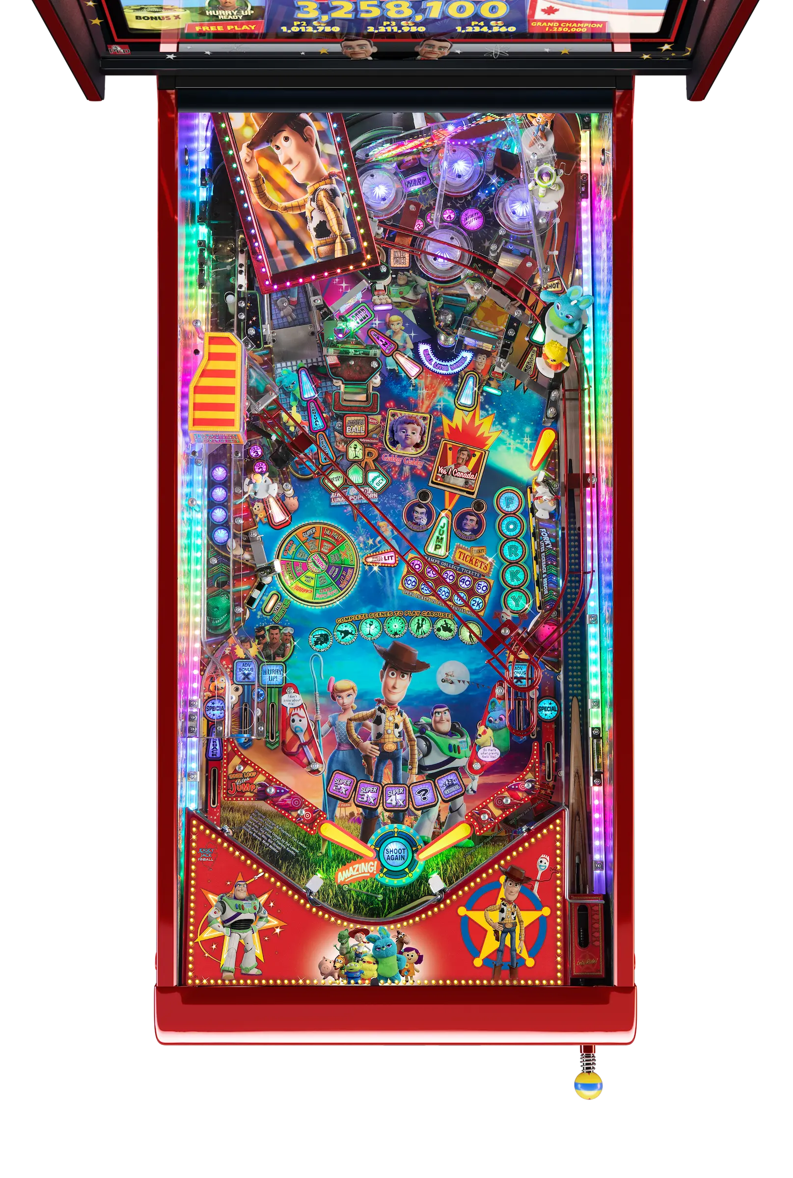 Toy Story pinball machine with colorful lights and animated characters