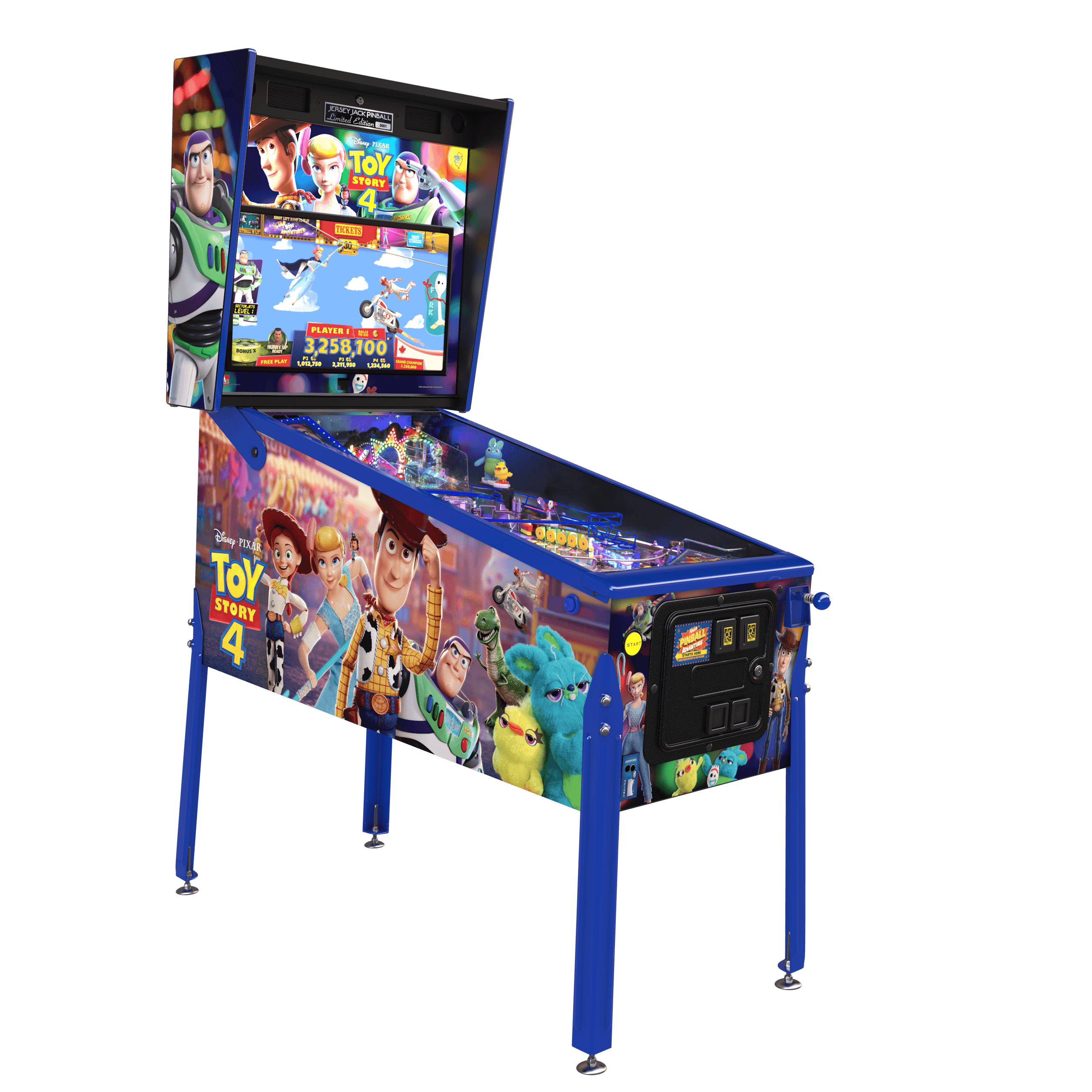 Toy Story 4 themed pinball machine with colorful game characters