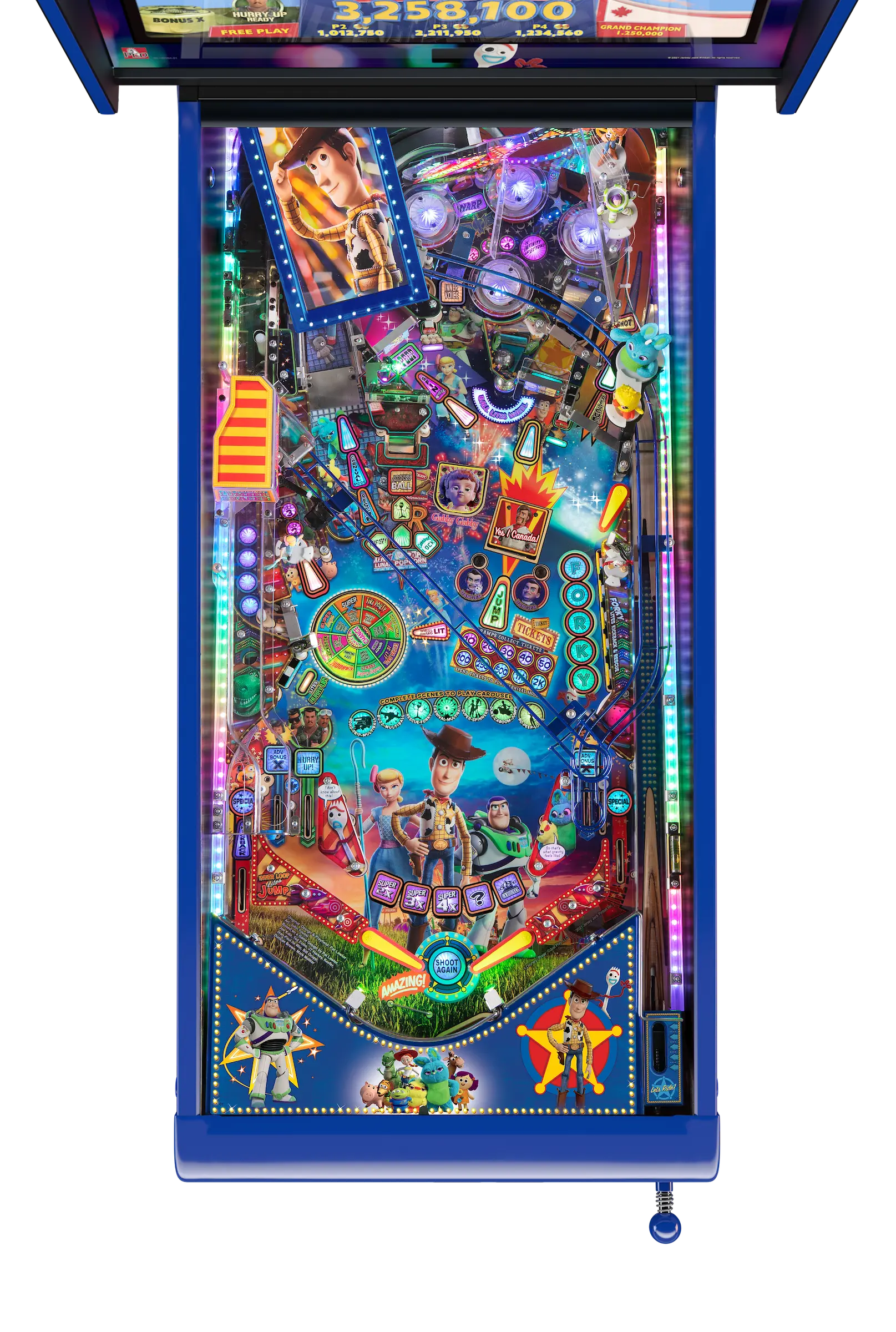 Colorful Toy Story pinball machine with characters and vibrant game board