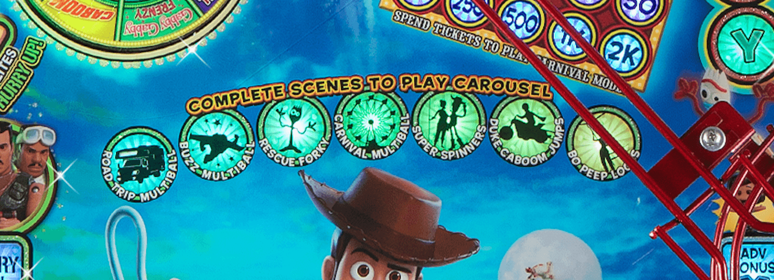 Toy Story carousel game board with scene completion progress and tickets