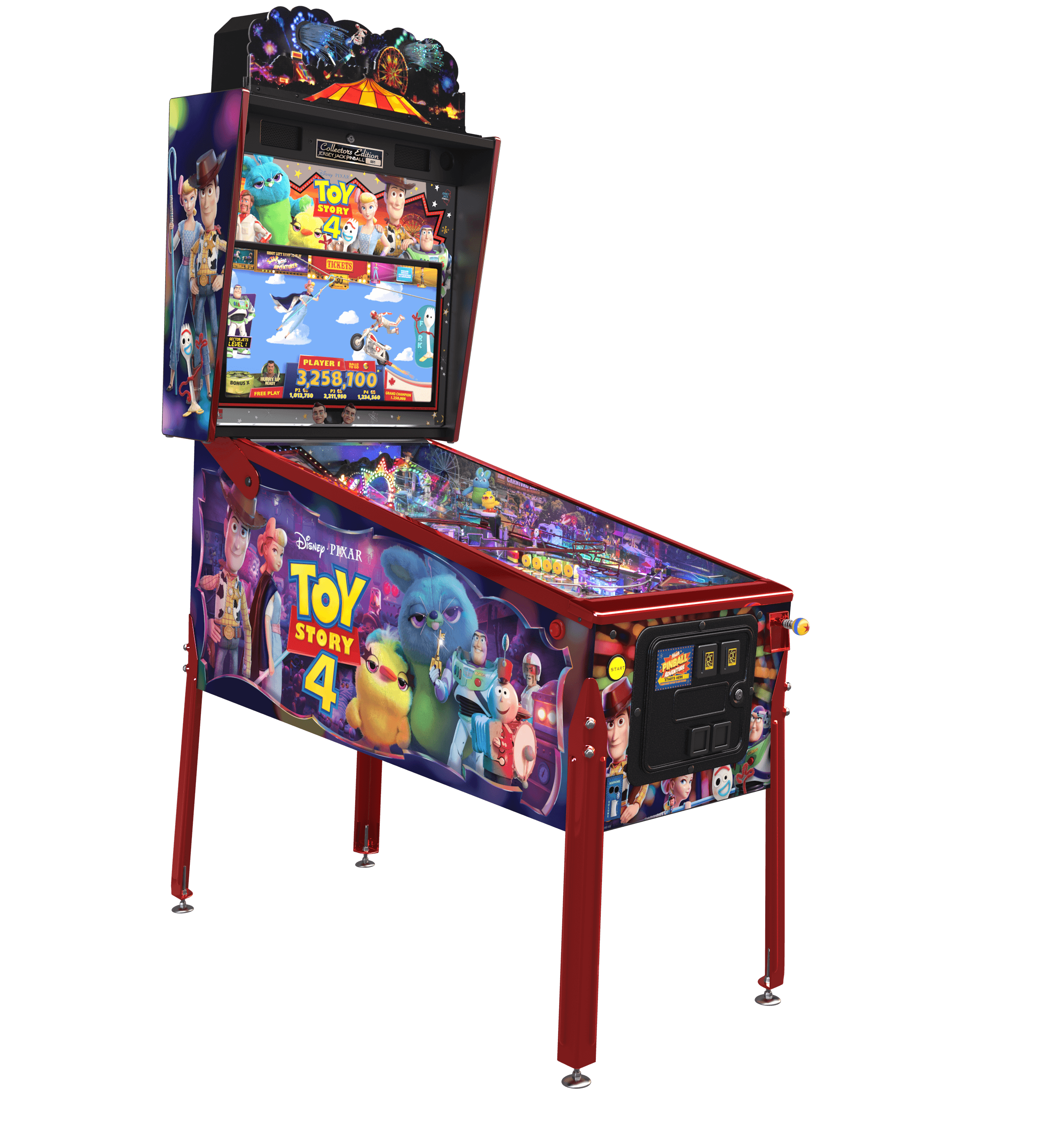 Toy Story 4 themed pinball machine with colorful game characters and screen