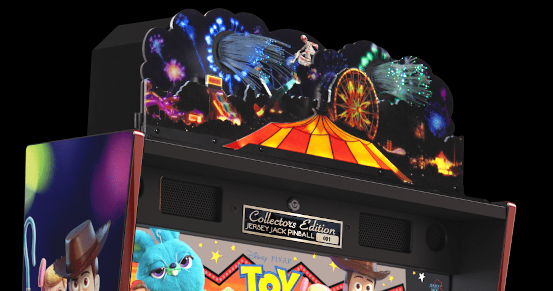 Toy Story pinball machine with colorful circus-like display and characters