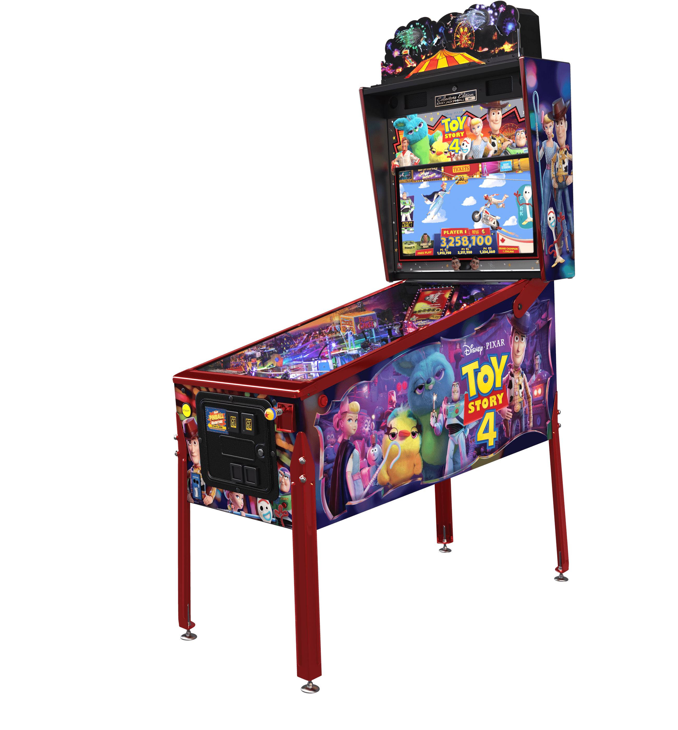Toy Story 4 themed pinball machine with colorful characters and game screen