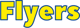 Flyers text logo in bold yellow letters with blue outline