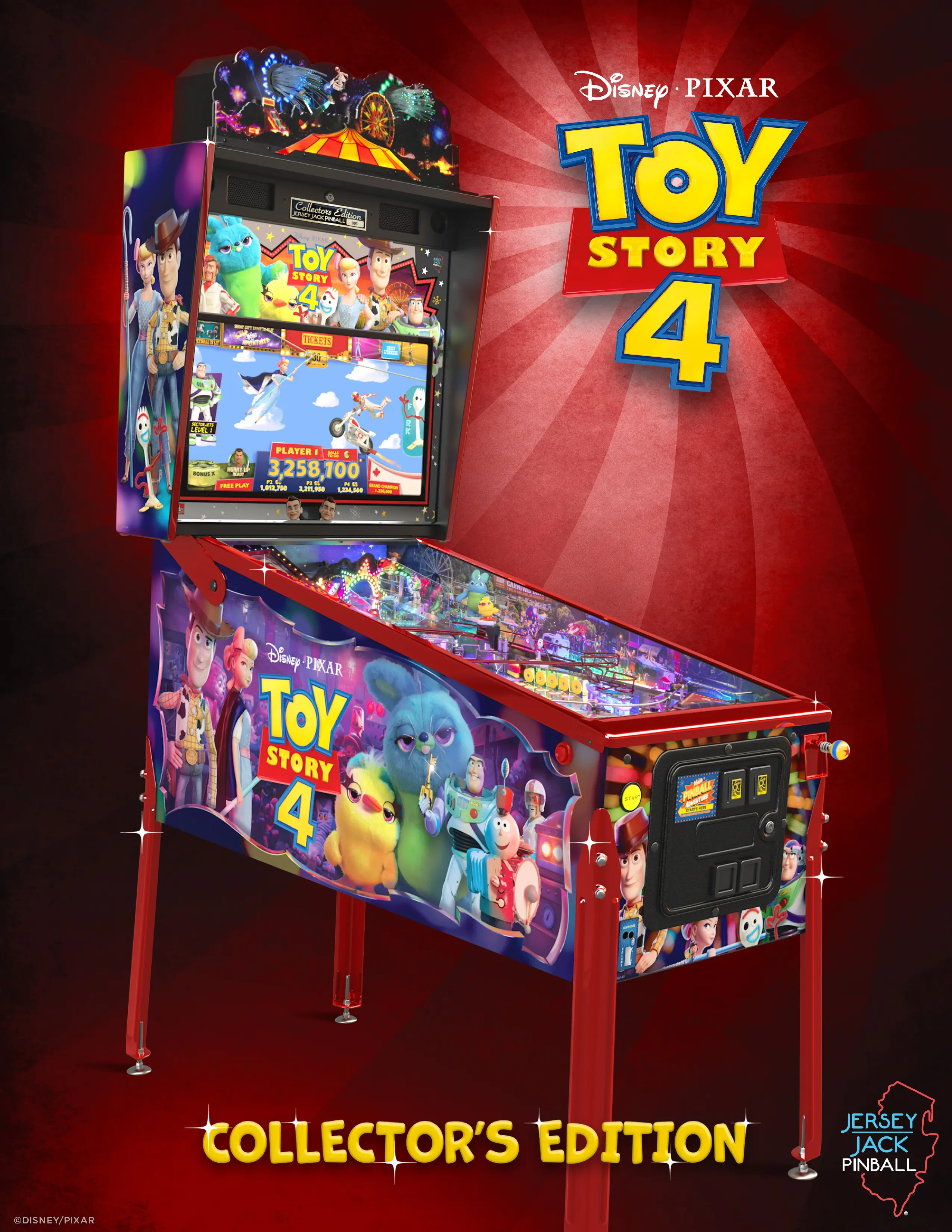 Toy Story 4 pinball machine with colorful characters and game screen