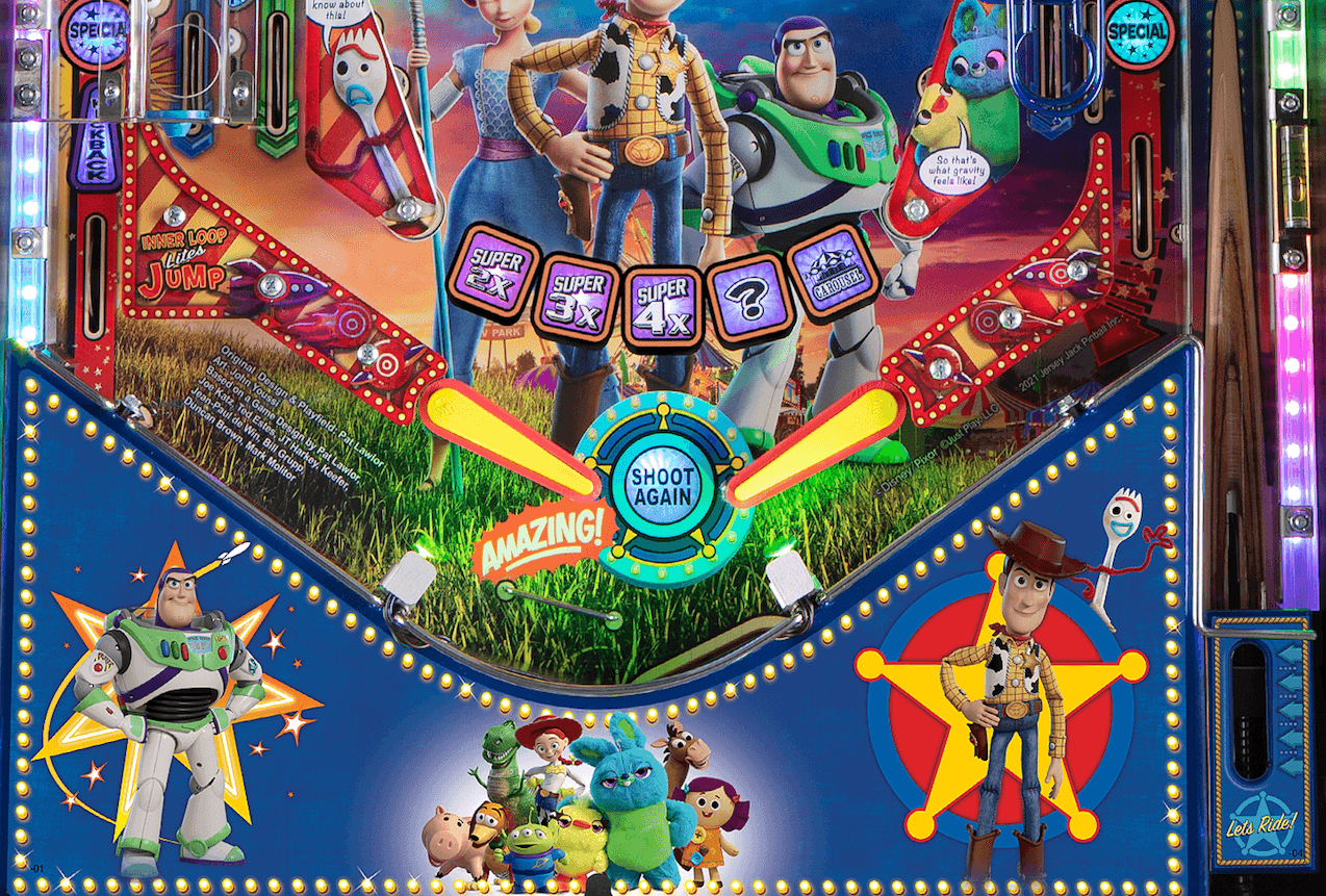 Toy Story pinball machine with characters Buzz, Woody, and friends