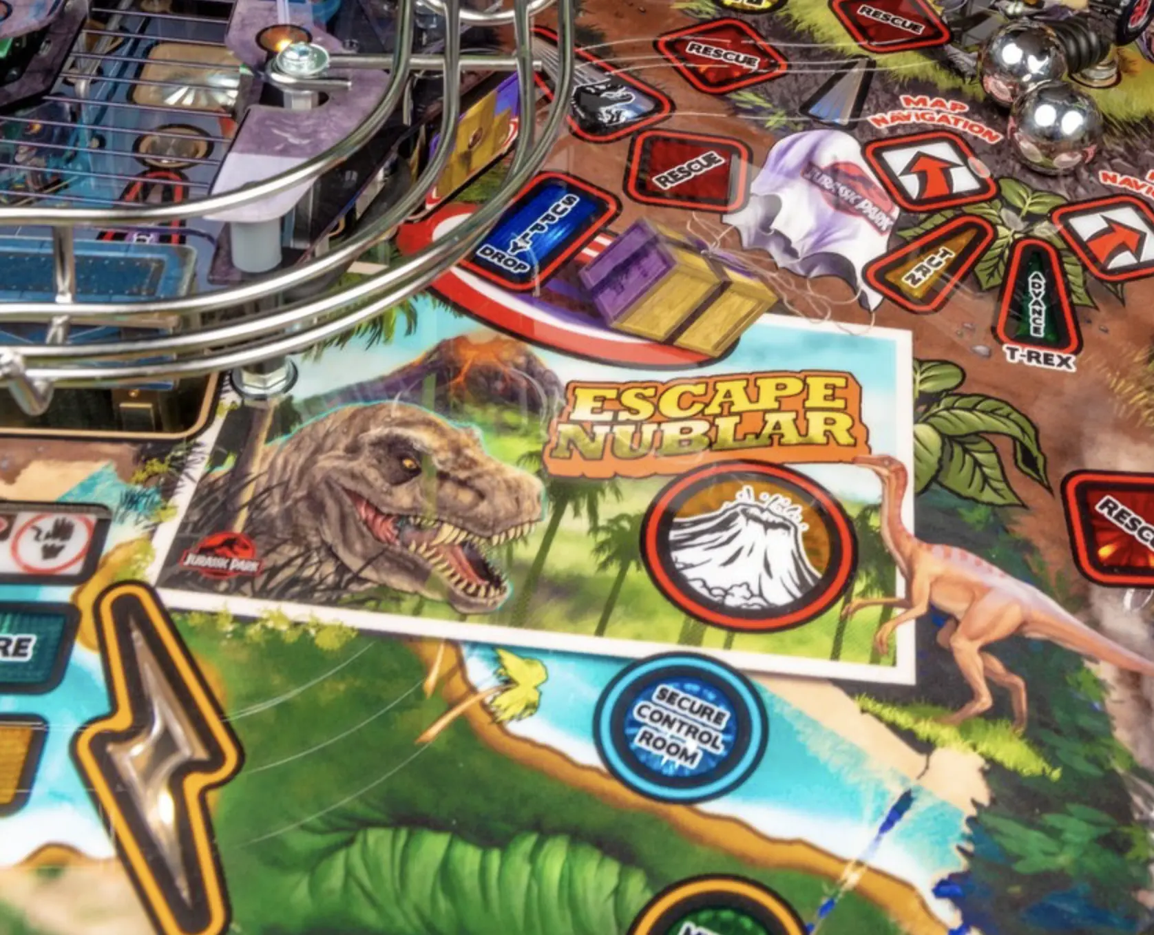 Jurassic Park board game with dinosaurs, volcano, and rescue tokens