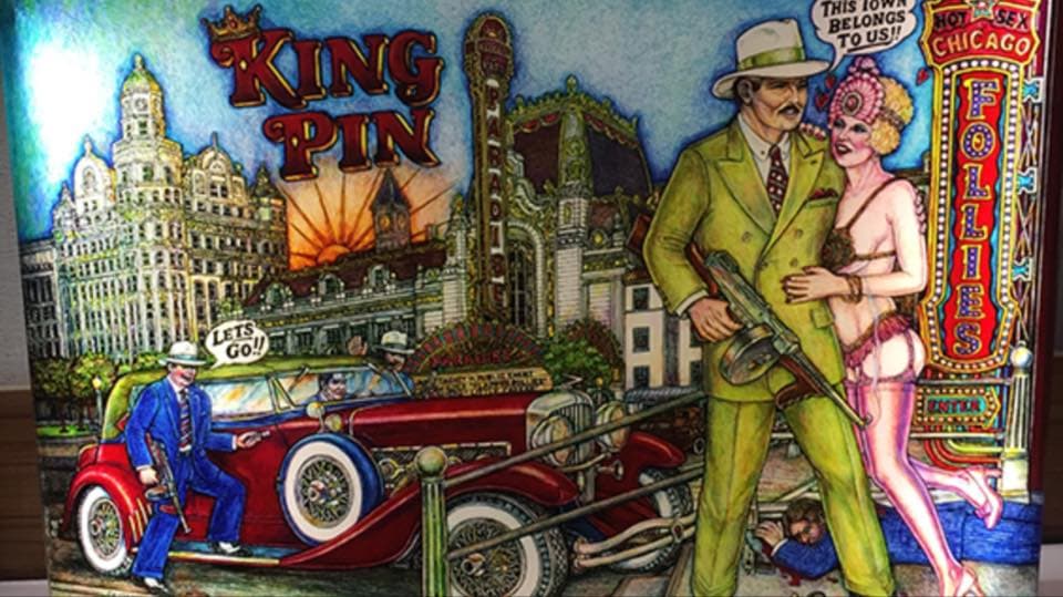 Colorful 1920s gangster scene with vintage car, city backdrop, and King Pin sign
