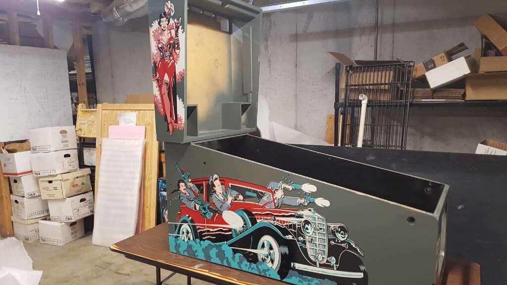 Vintage art of classic car with stylized characters in storage room