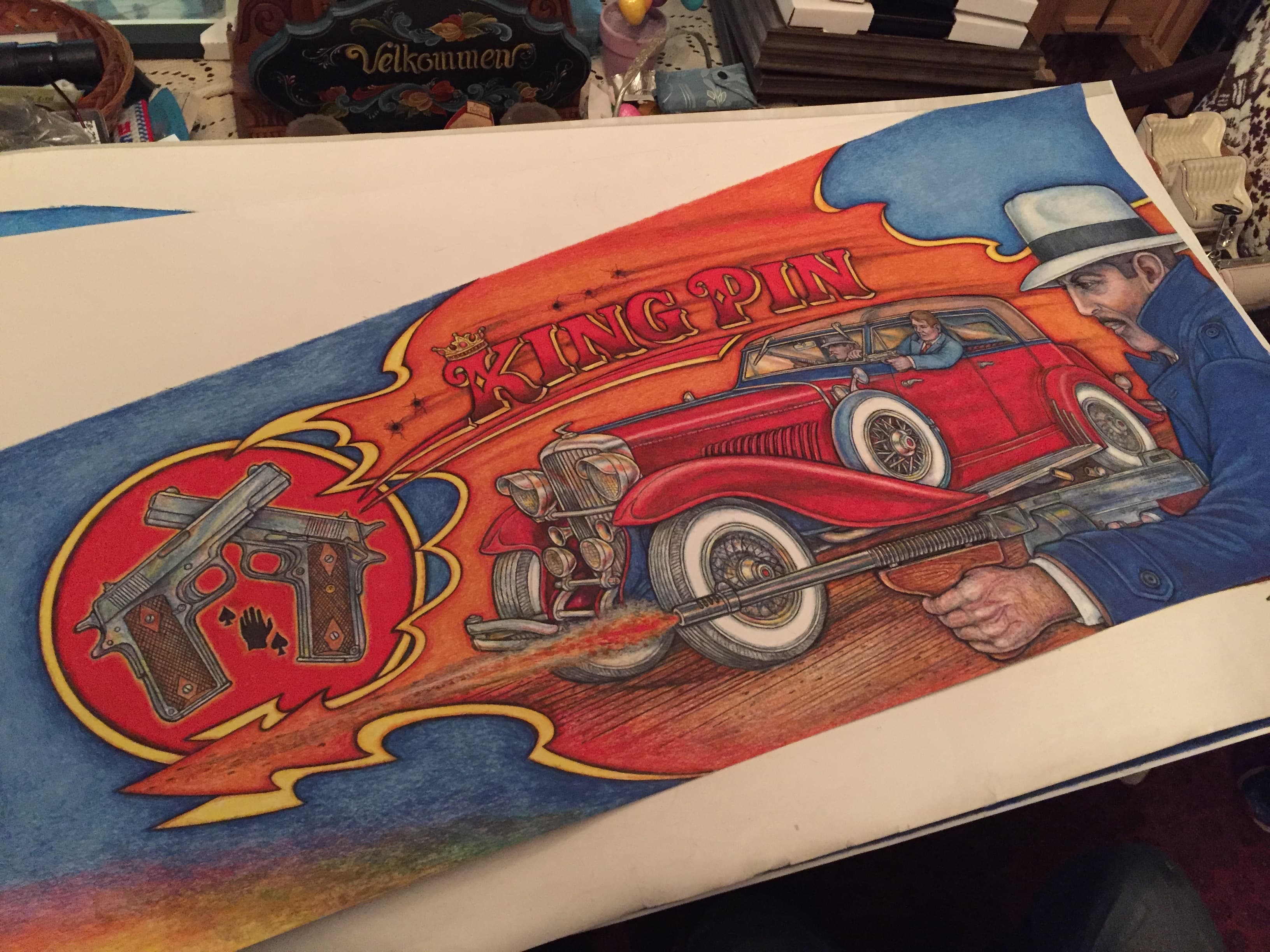 Vintage Kingpin illustration with red classic car and retro pistol