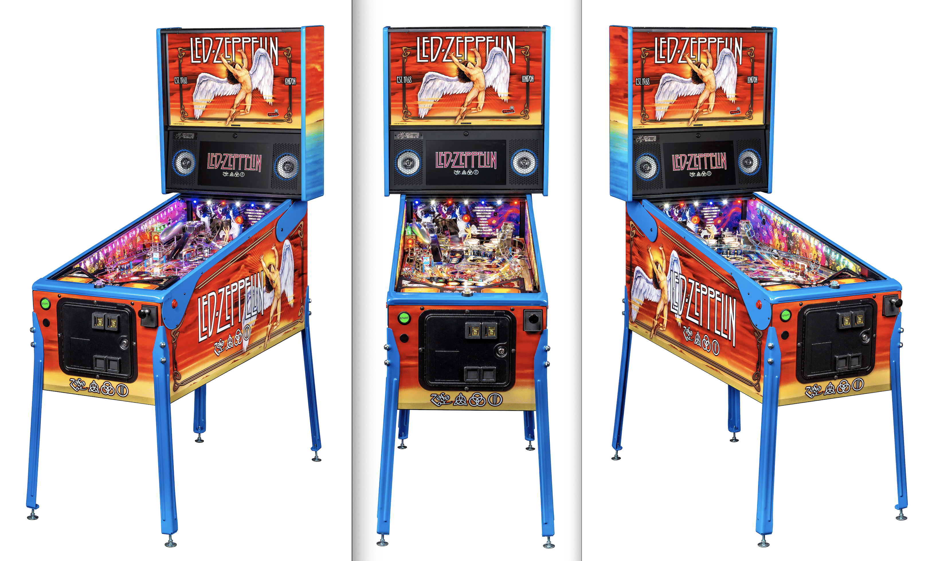 Led Zeppelin-themed pinball machine with winged figure and colorful playfield