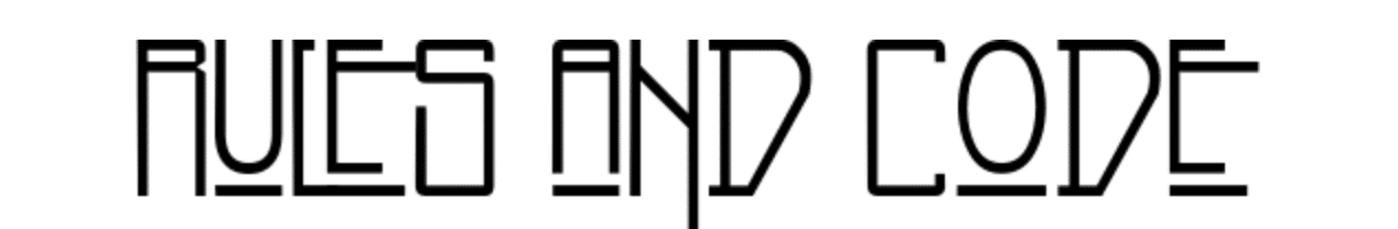 Stylized text reading "RUGS AND CODE" in geometric art deco font