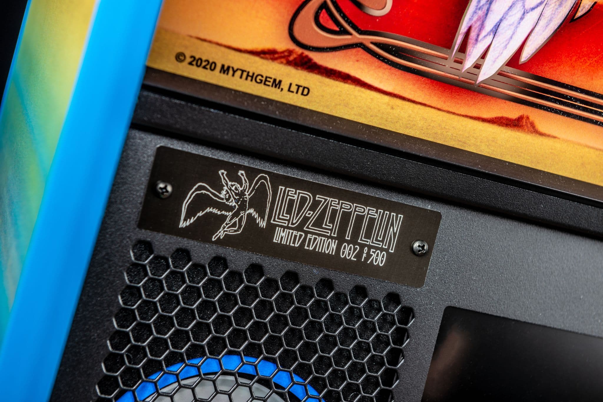 Led Zeppelin limited edition device with blue hexagonal honeycomb pattern