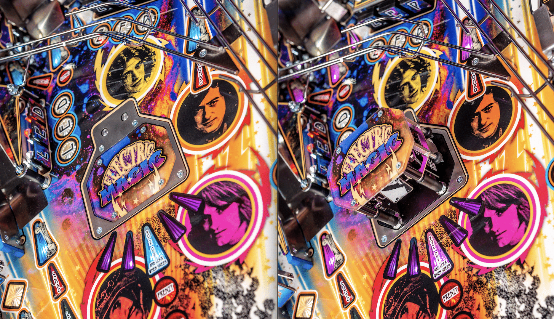 Colorful retro pinball machine with Electric Magic logo and stylized portraits