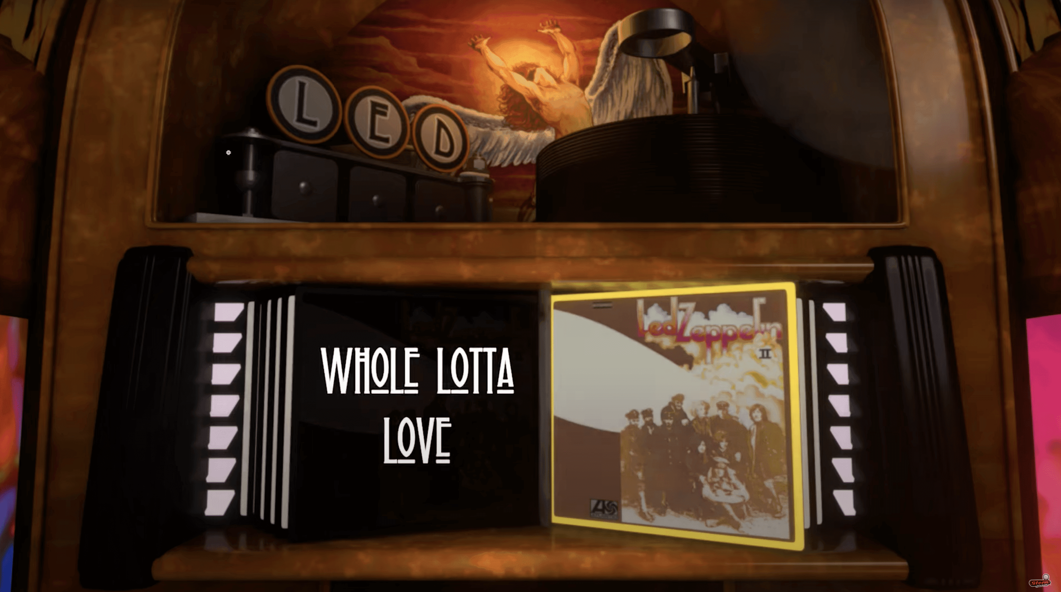 Led Zeppelin album display with "Whole Lotta Love" text and album artwork