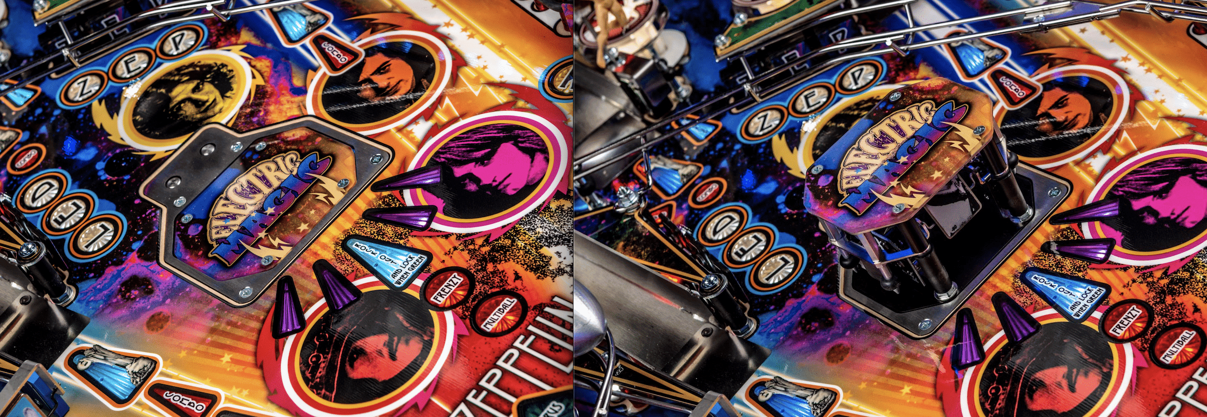 Colorful pinball machine playfield with vibrant graphics and mechanical elements
