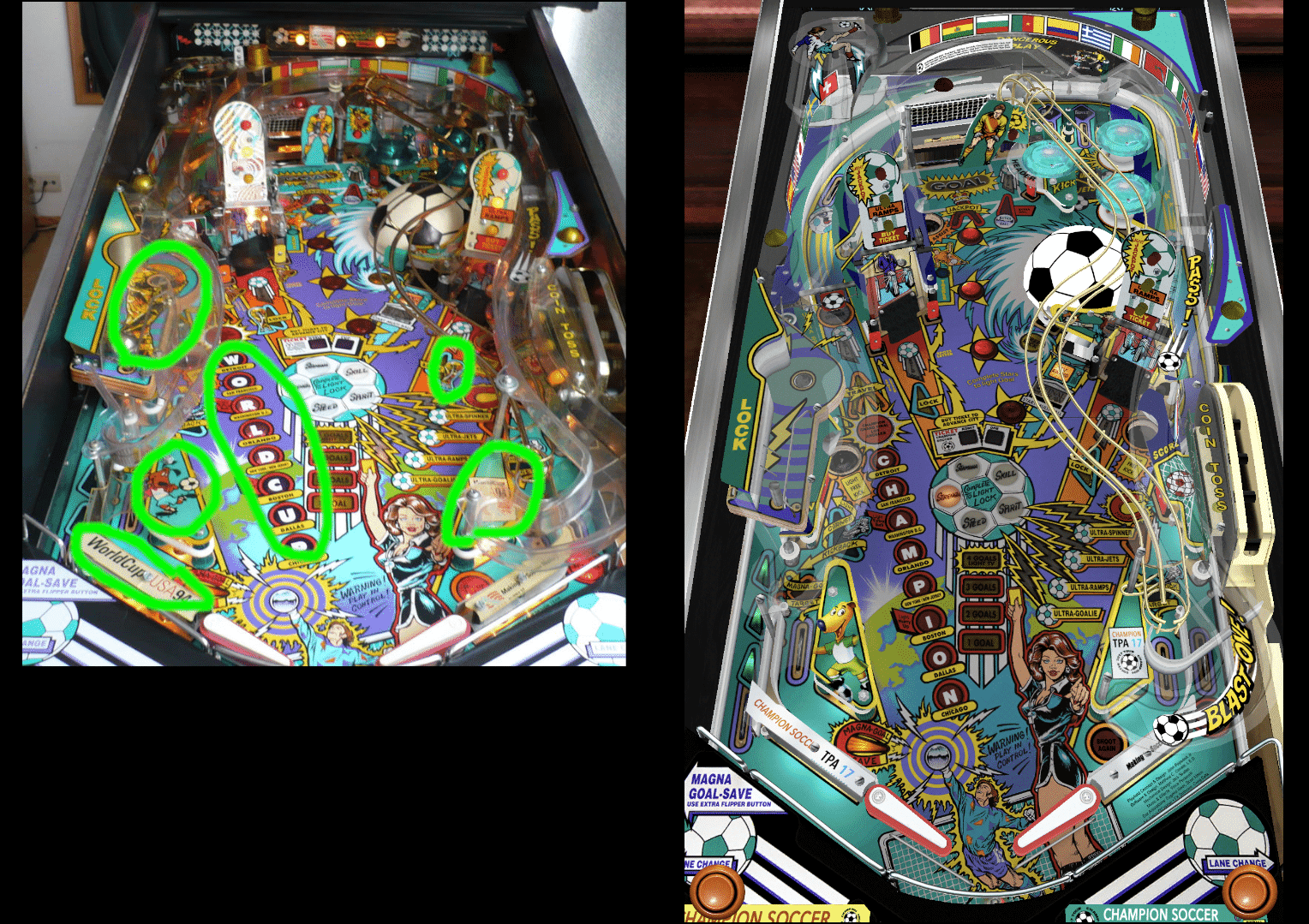 Soccer-themed pinball machine with colorful design and multiple soccer balls