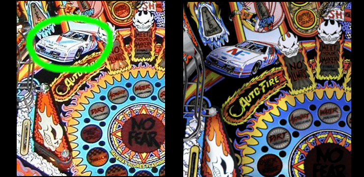 Colorful pinball machine artwork with race car and intricate design elements