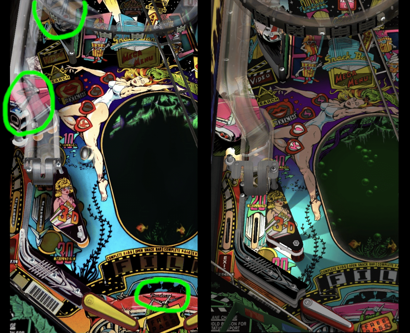 Colorful vintage pinball machine playfield with retro graphics and characters